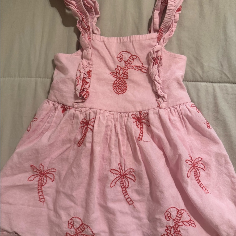 Kiwi Pink Sundress with Red Embroidered Parrots & Palm Trees